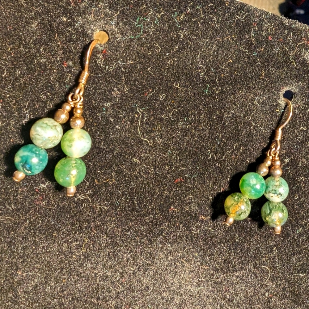 925 sterling‎ silver stamped vintage moss agate dual dangle bead hook earrings